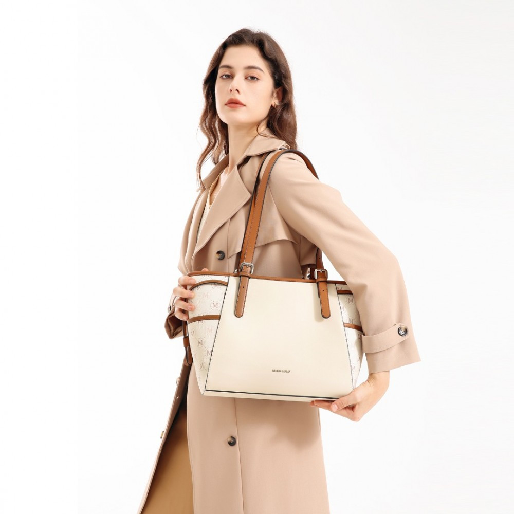 Beżowo Brązowa Średnia Torebka Shopper Bag Julien 