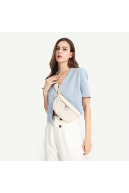 Beżowa Elegancka Torebka Nerka Damska na Szerokim Pasku Galia 