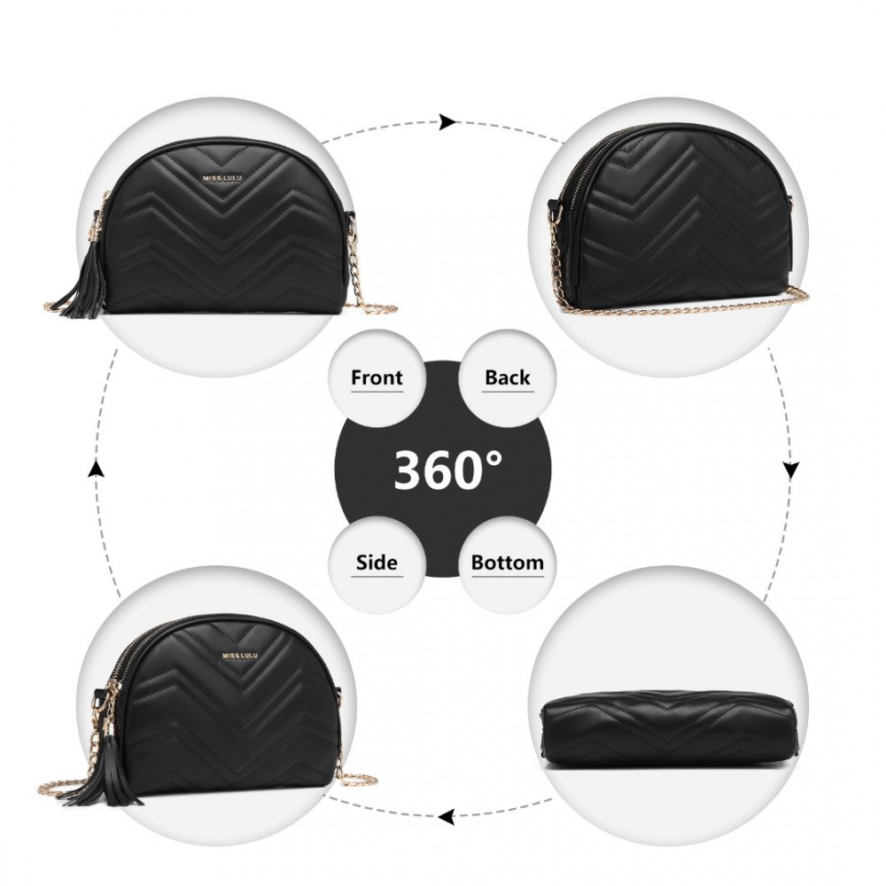 Czarna Pikowana Torebka Półksiężyc Wizytowa z Frędzlami Fare 