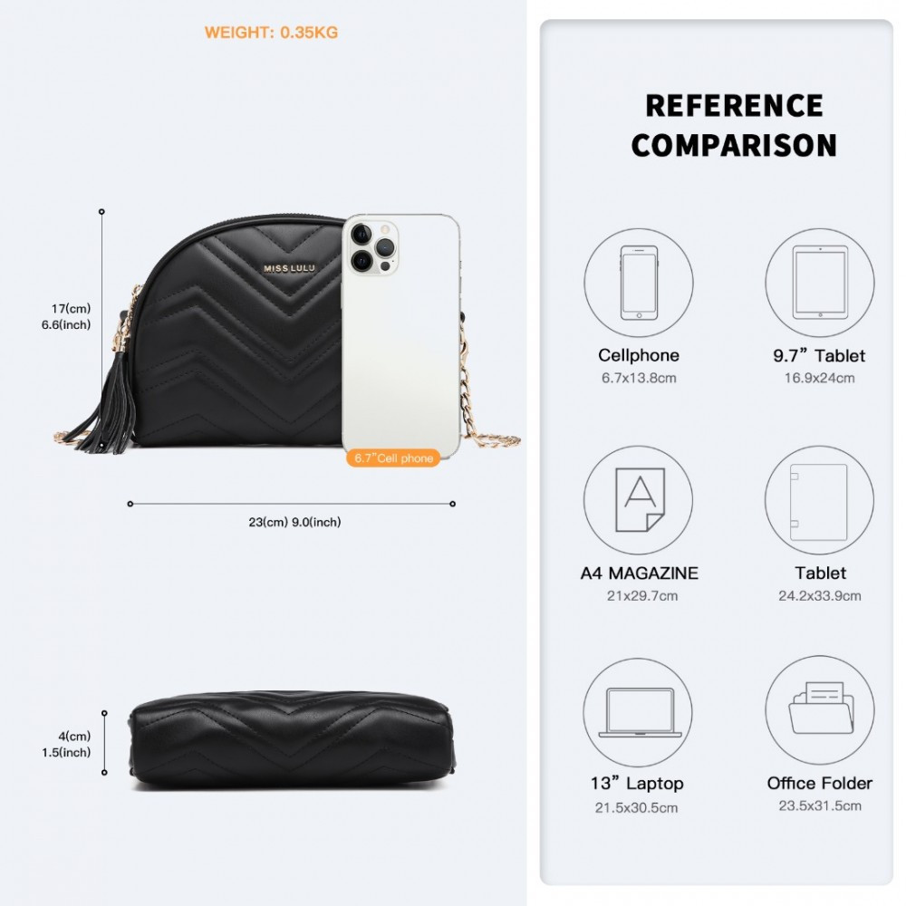 Czarna Pikowana Torebka Półksiężyc Wizytowa z Frędzlami Fare 