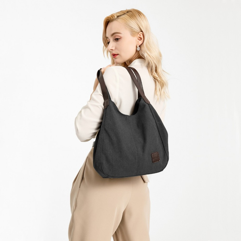 Czarna Torebka Worek Hobo z Płótna Canvas Arima 