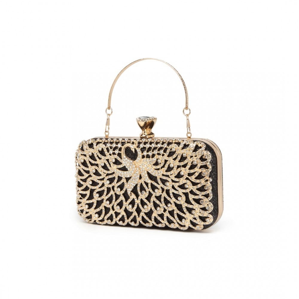 Złoto Czarna Torebka Puzderko motyw Pawia z Cyrkoniami i Uchwytem Moet 