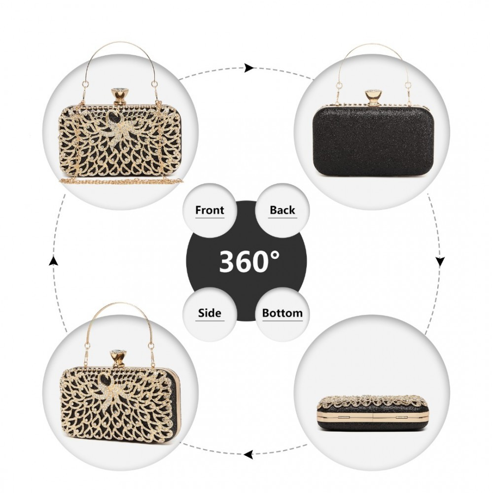 Złoto Czarna Torebka Puzderko motyw Pawia z Cyrkoniami i Uchwytem Moet 