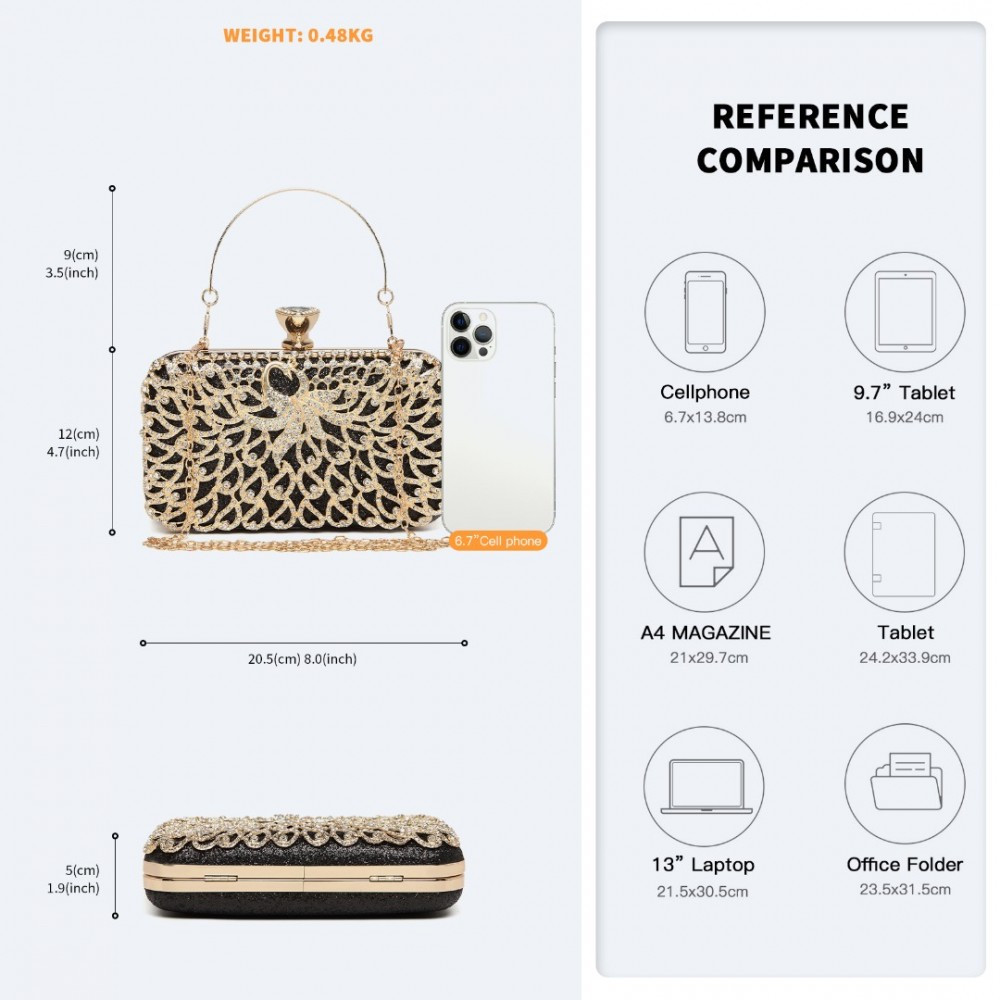 Złoto Czarna Torebka Puzderko motyw Pawia z Cyrkoniami i Uchwytem Moet 