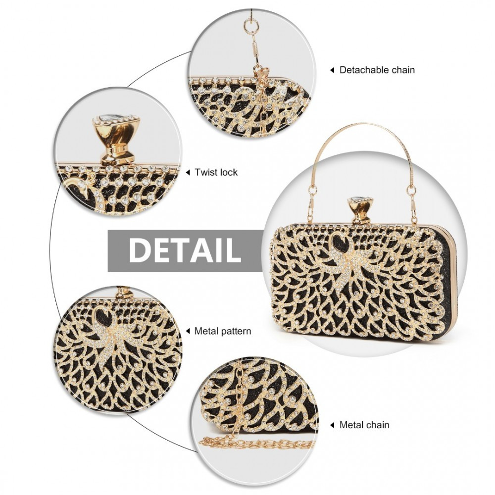 Złoto Czarna Torebka Puzderko motyw Pawia z Cyrkoniami i Uchwytem Moet 