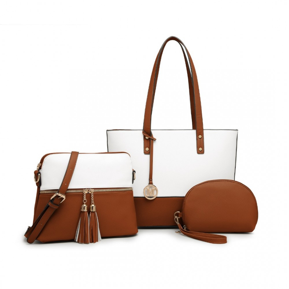Zestaw 3x Torebek Shopper Crossbody Kosmetyczka Brąz i Biały TR01 
