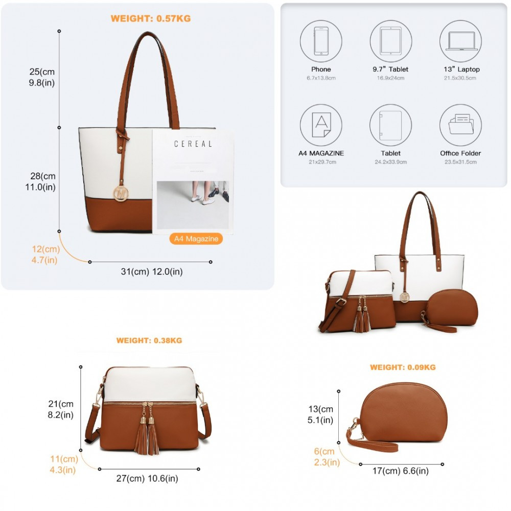 Zestaw 3x Torebek Shopper Crossbody Kosmetyczka Brąz i Biały TR01 