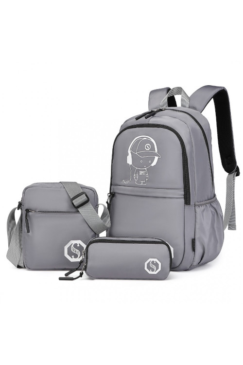 Szary Zestaw 3w1 Plecak Torba Piórnik do Szkoły Wodoodporny Mkid