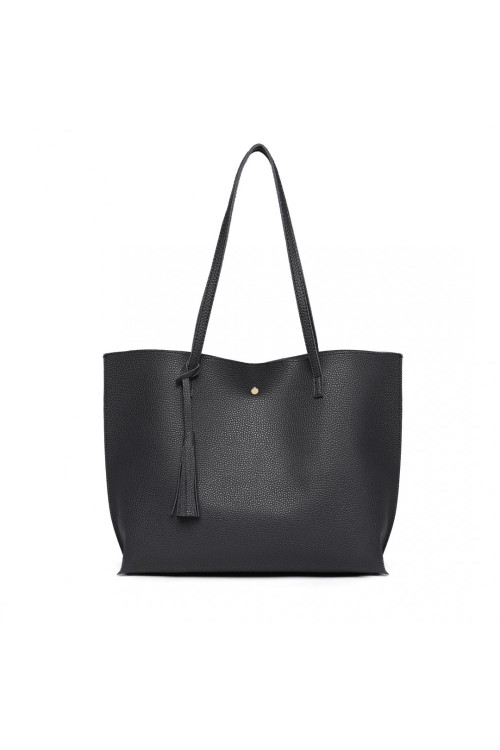 Czarna Duża Minimalistyczna Torba Shopper Bag z Chwostem Kaleos