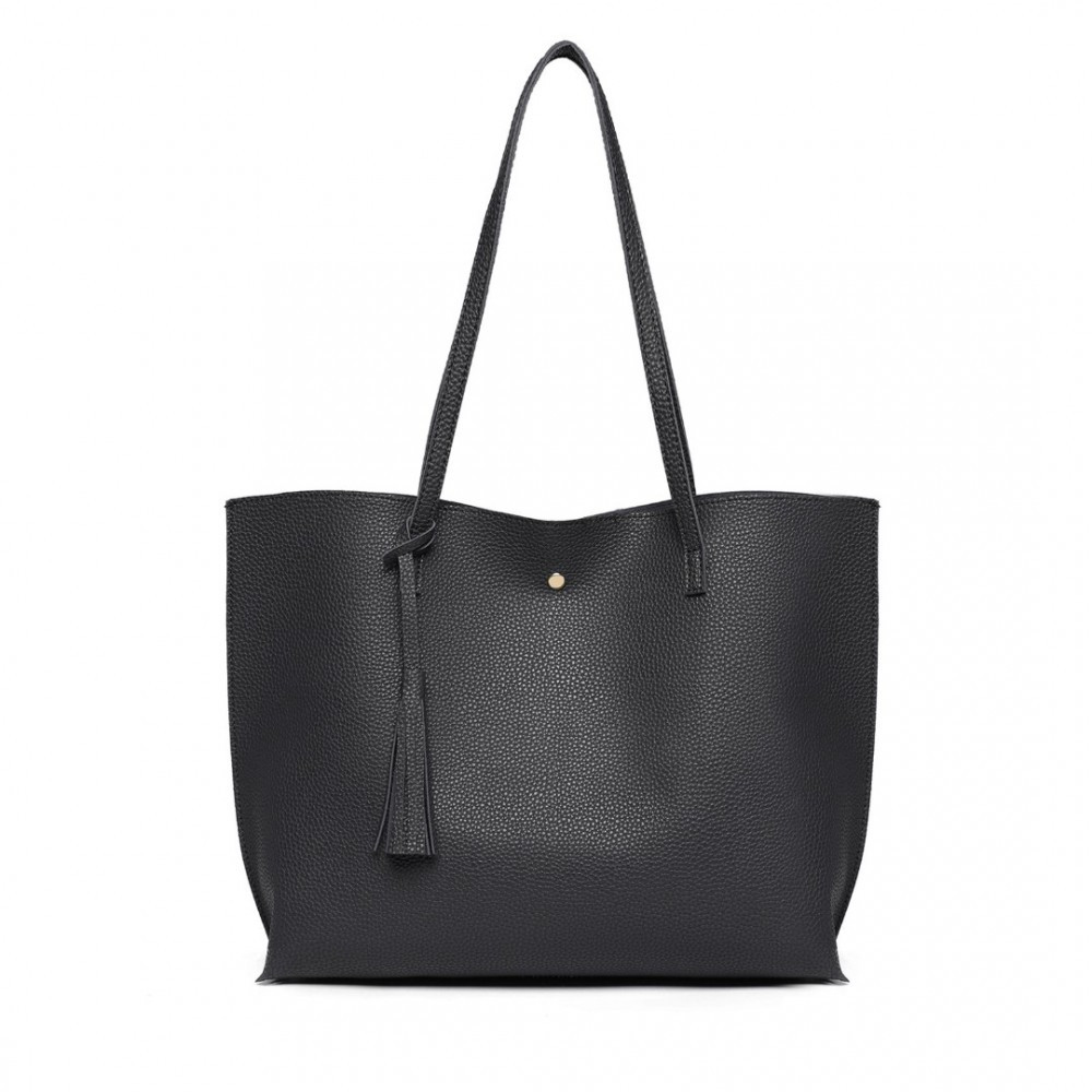 Czarna Duża Minimalistyczna Torba Shopper Bag z Chwostem Kaleos