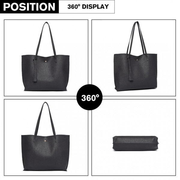 Czarna Duża Minimalistyczna Torba Shopper Bag z Chwostem Kaleos 