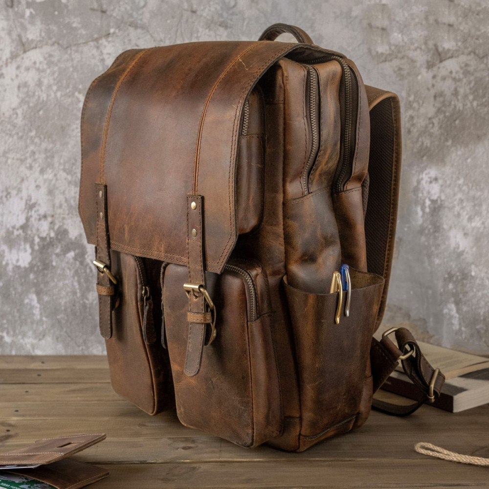 Brązowy Tornister Skórzany Vintage z Klapą na Laptopa 15" Belveder BL057 