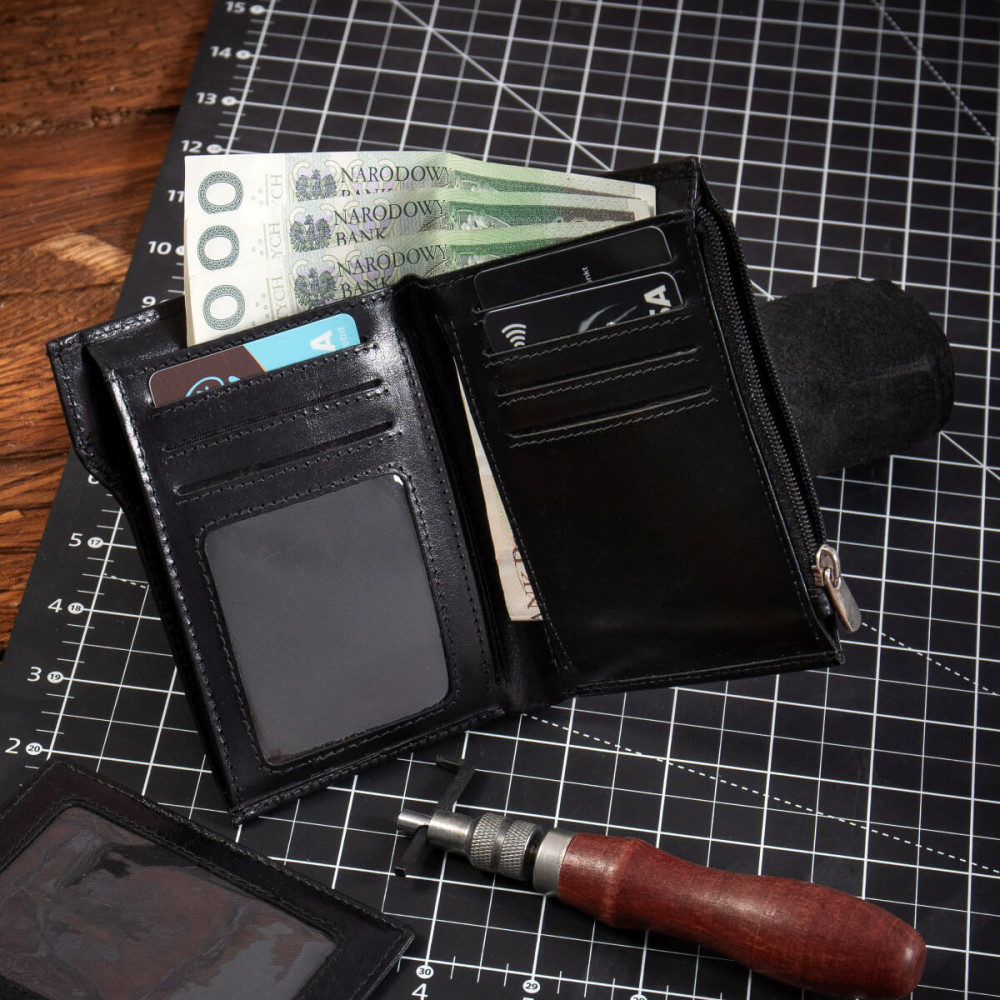 Czarny Bardzo Cienki Portfel Slim Wallet na Karty i Bilon Skóra Licowa BV717 