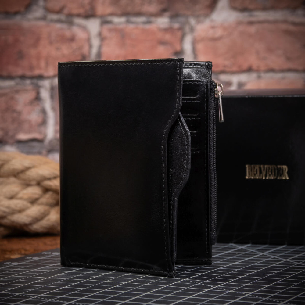 Czarny Bardzo Cienki Portfel Slim Wallet na Karty i Bilon Skóra Licowa BV717 