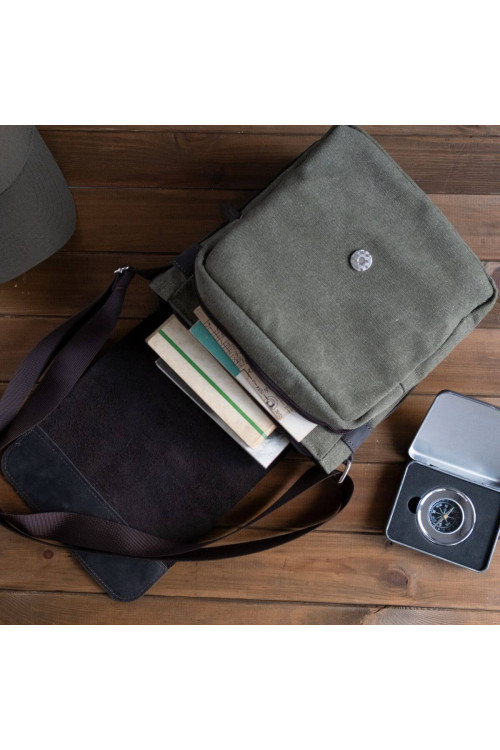 Brązowo Zielona Torba Męska Mała Skóra i Płótno Belveder BV15C