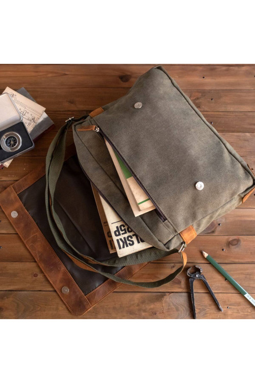 Koniakowa Torba Vintage Męska na Ramię Skóra i Płótno Belveder BV17C