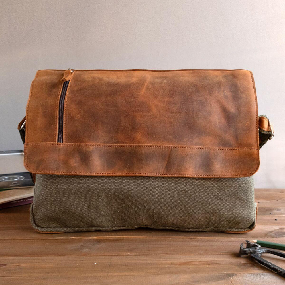 Koniakowa Torba Vintage Męska na Ramię Skóra i Płótno Belveder BV17C 