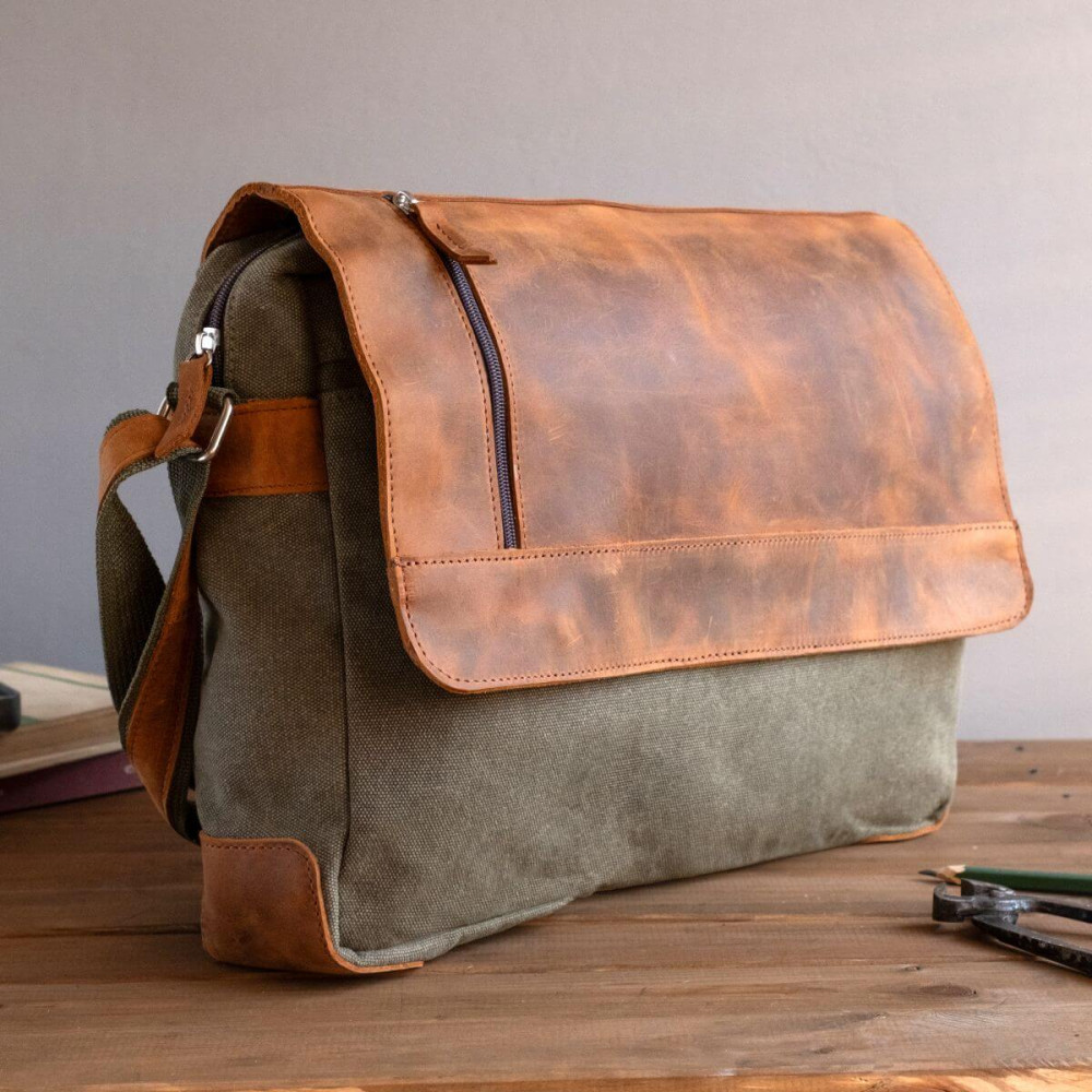 Koniakowa Torba Vintage Męska na Ramię Skóra i Płótno Belveder BV17C 