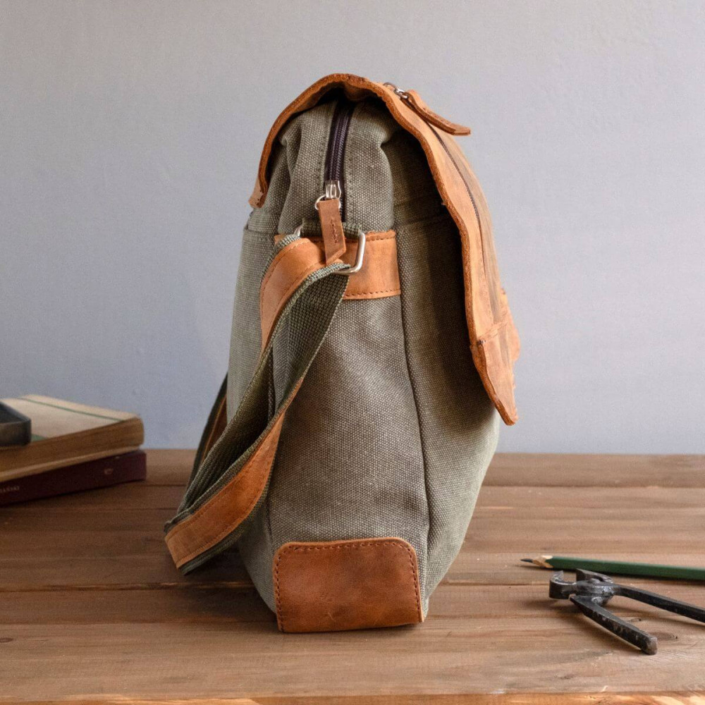 Koniakowa Torba Vintage Męska na Ramię Skóra i Płótno Belveder BV17C 