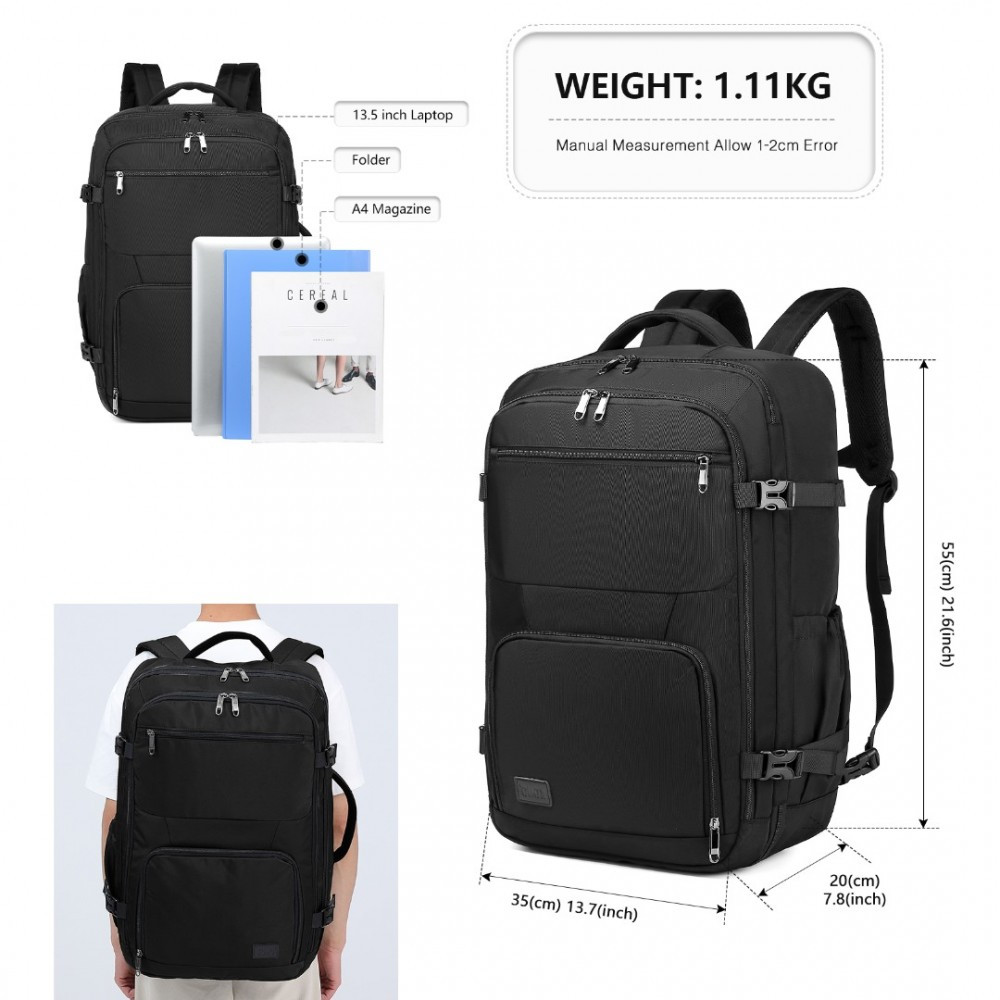 Czarny Plecak do Samolotu 55x40x23 LOT Ryanair WizzAir 40L Flex 