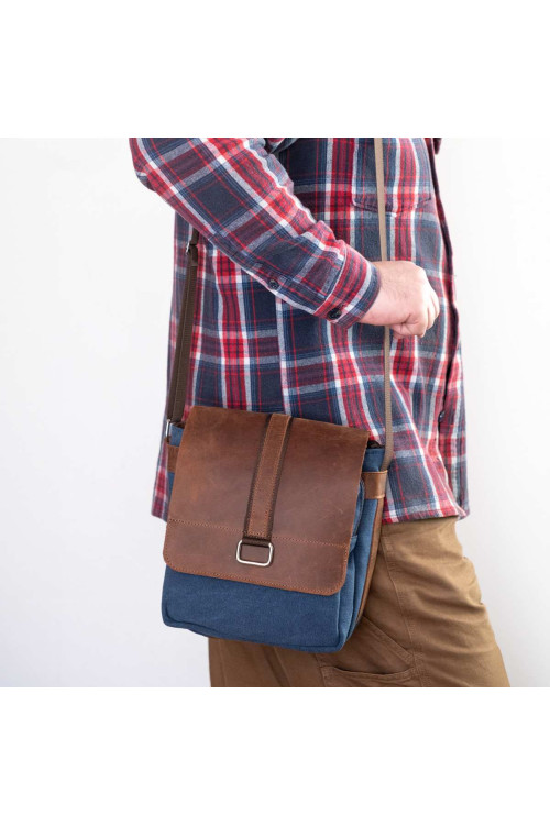 Koniakowo Granatowa Torba Vintage Męska Mała Skóra i Płótno Belveder BV15KNN