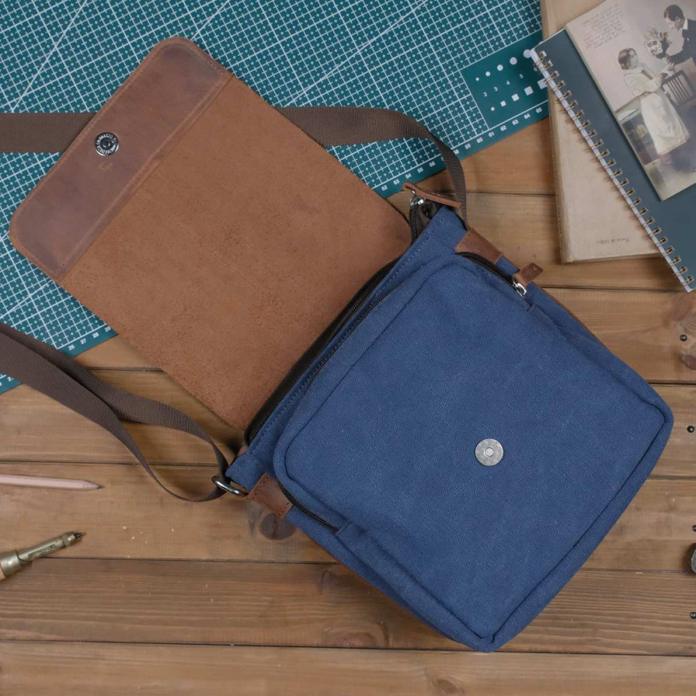 Koniakowo Granatowa Torba Vintage Męska Mała Skóra i Płótno Belveder BV15KNN 
