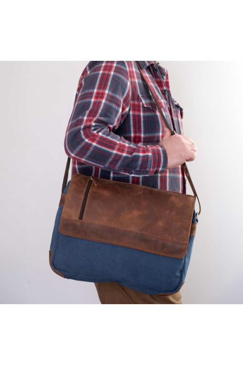 Koniakowo Granatowa Torba Vintage Męska na Ramię Skóra i Płótno Belveder BV17KNN