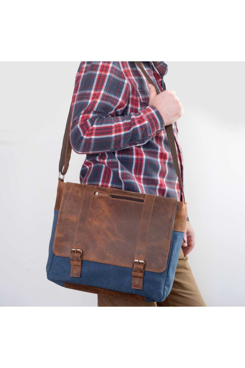 Koniakowo Granatowa Torba na Studia Męska Skórzano Płócienna Belveder BC61KNN