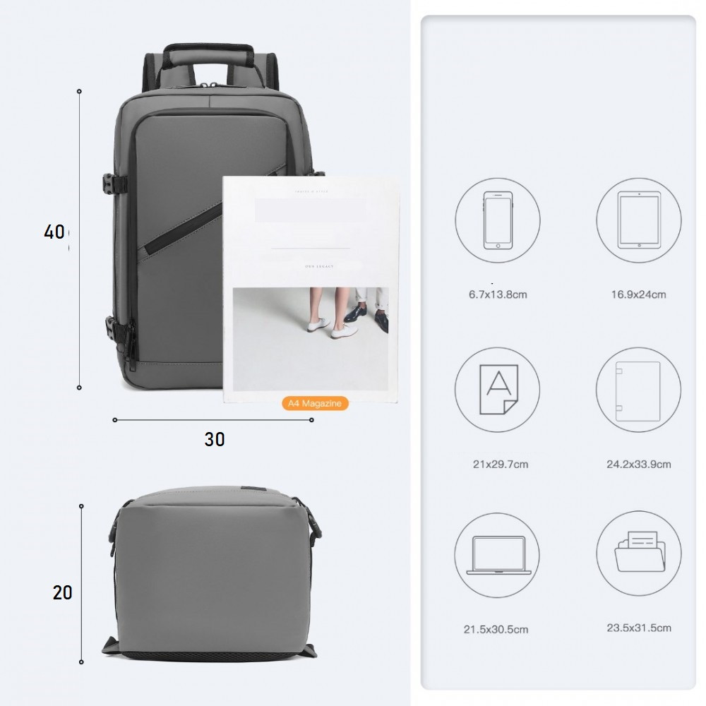 Czarny Wodoodporny Plecak Ryanair WizzAir 40x30x20 20L Expander W2 