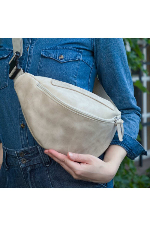 Kremowa Skórzana Nerka Damska CrossBody Duża XL Belveder NX19 