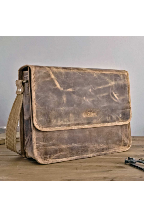 Brązowa Torba Skórzana Vintage z gładką Klapą na Laptopa Belveder LB37