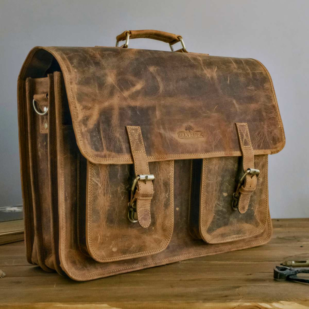 Brązowa Duża Torba Vintage Skórzana na Laptopa 15,6 z Klapą MB44