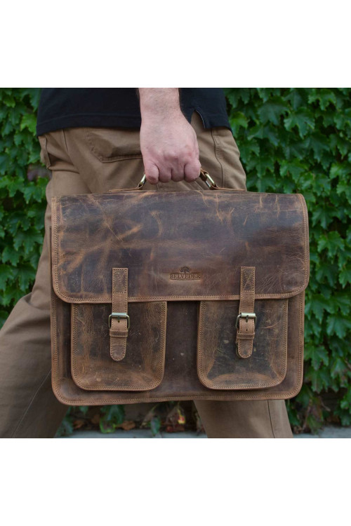 Brązowa Duża Torba Vintage Skórzana na Laptopa 15,6 z Klapą MB44