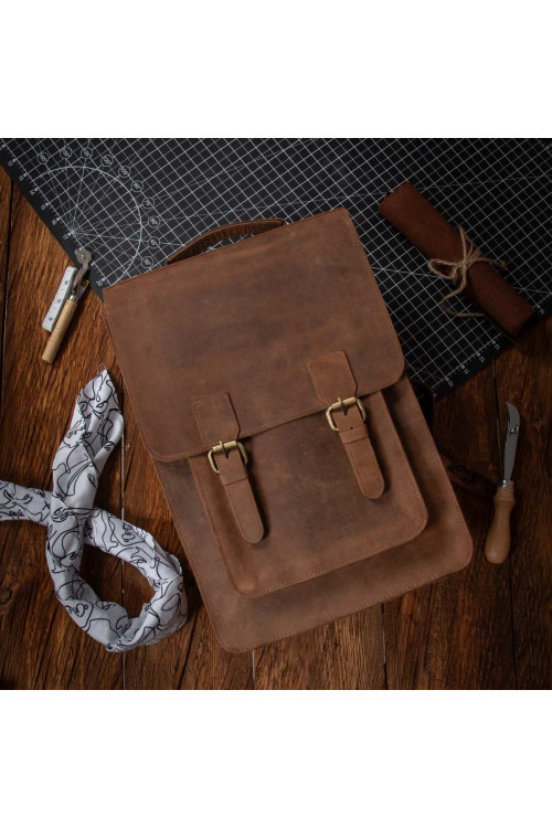 Ciemno Brązowy Prostokątny Tornister Plecak Miejski Skórzany Damski DR89