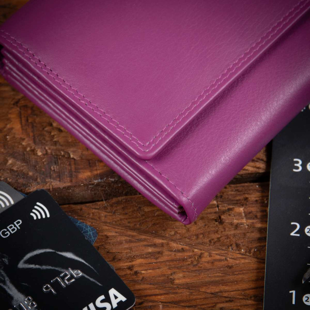 Duży Portfel damski Skórzany elegancki z kolorowym wnętrzem fioletowy W39 