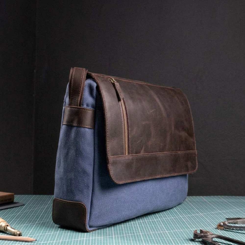 Torba Vintage Męska na Ramię Skóra i Płótno Brązowo Granatowa Belveder BV17BRN 