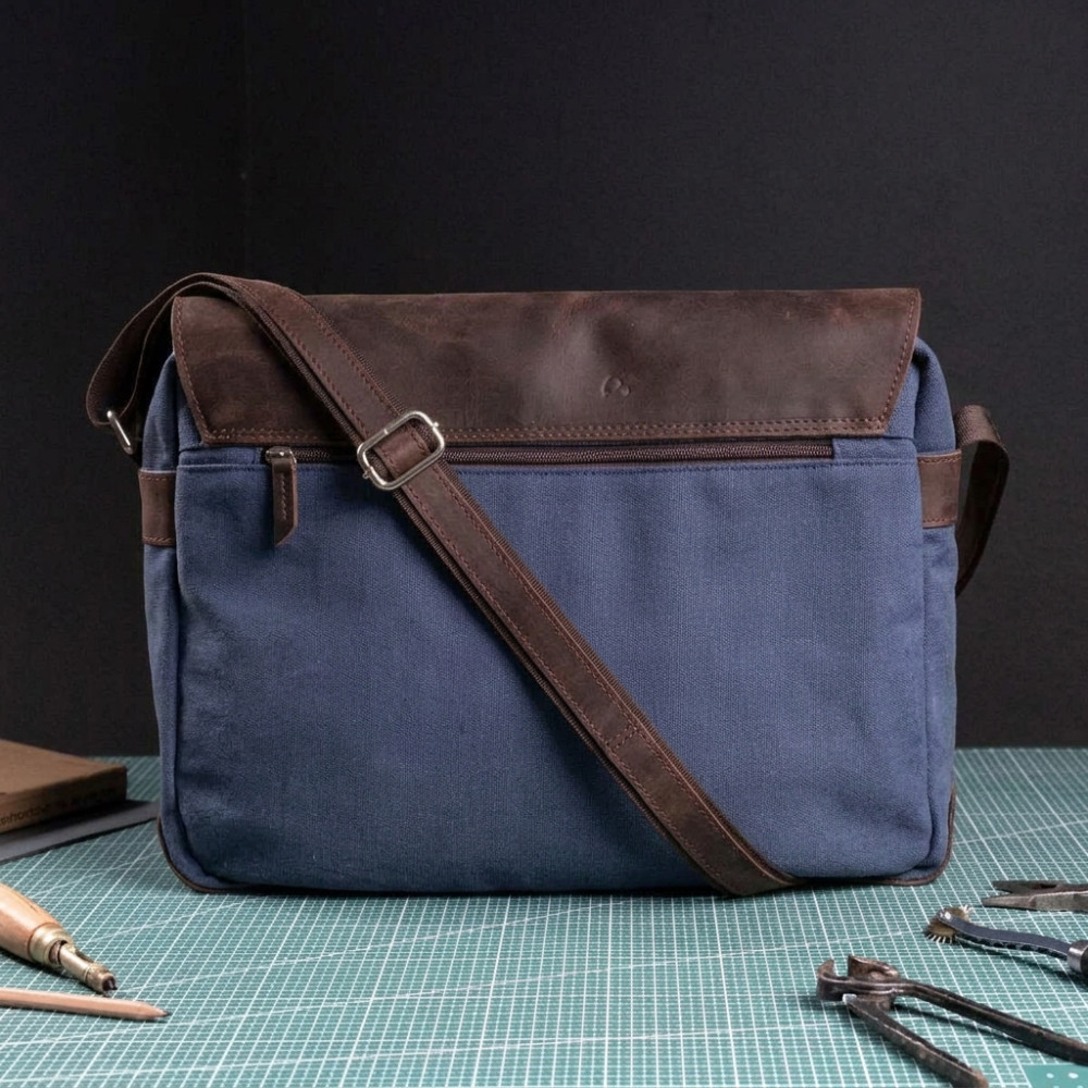 Torba Vintage Męska na Ramię Skóra i Płótno Brązowo Granatowa Belveder BV17BRN 
