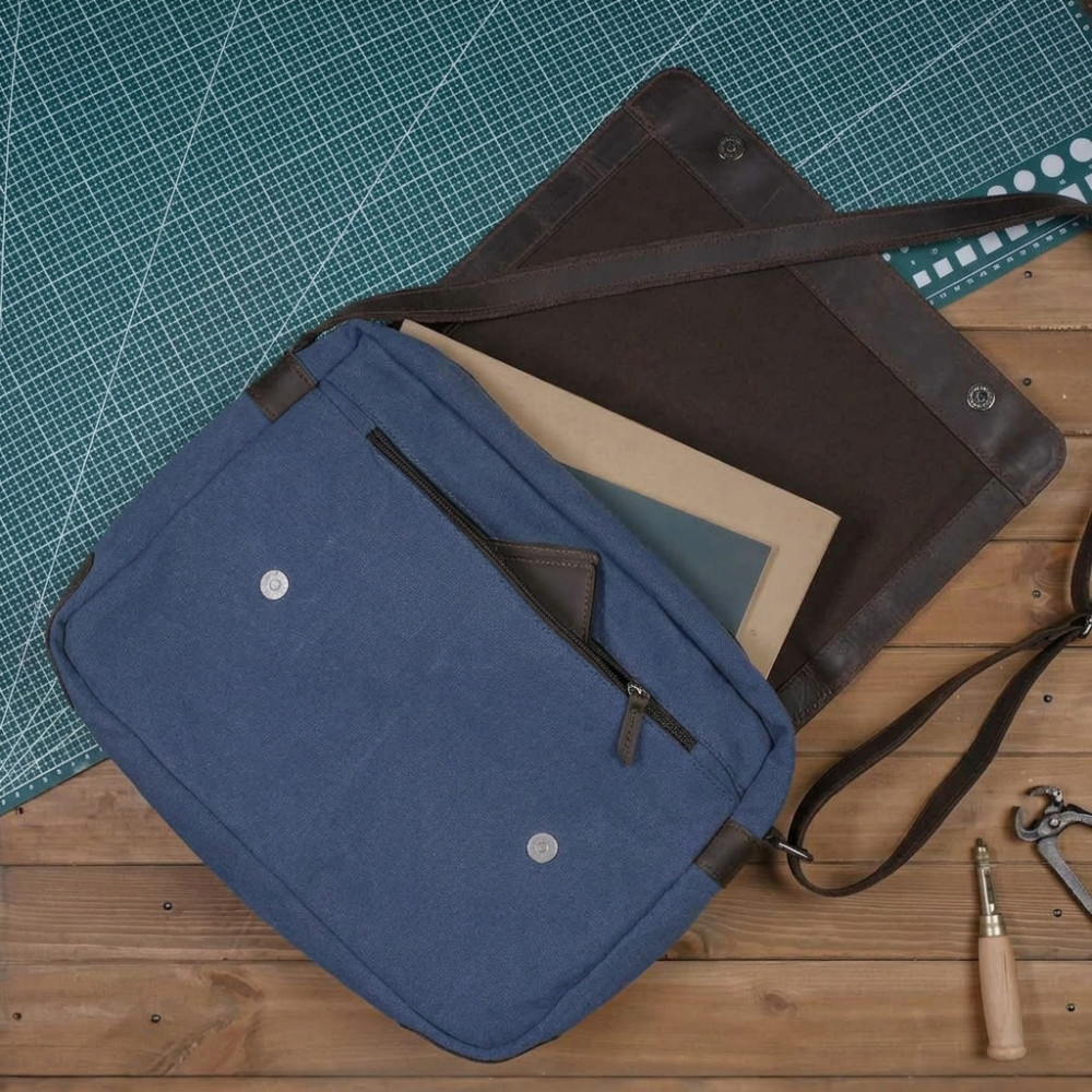 Torba Vintage Męska na Ramię Skóra i Płótno Brązowo Granatowa Belveder BV17BRN 