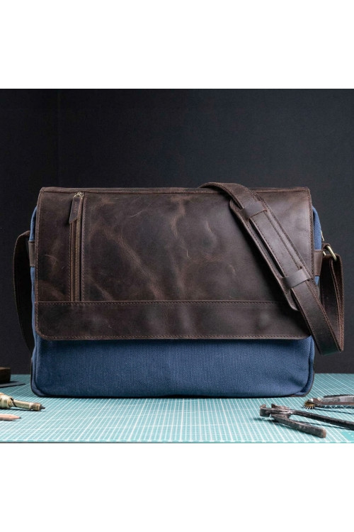 Torba Vintage Męska na Ramię Skóra i Płótno Brązowo Granatowa Belveder BV17BRN