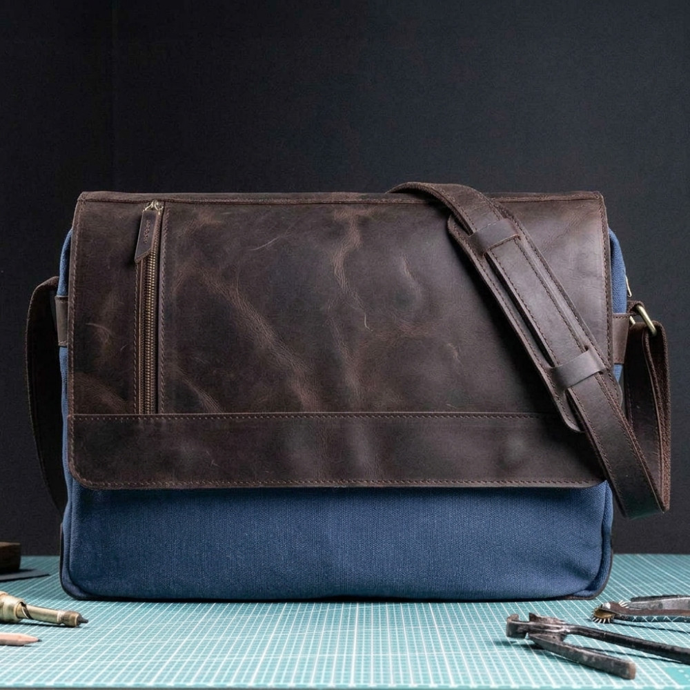 Torba Vintage Męska na Ramię Skóra i Płótno Brązowo Granatowa Belveder BV17BRN
