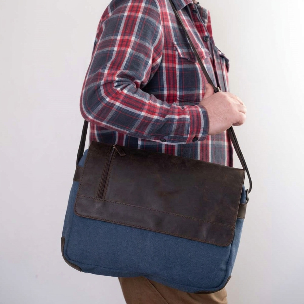 Torba Vintage Męska na Ramię Skóra i Płótno Brązowo Granatowa Belveder BV17BRN 