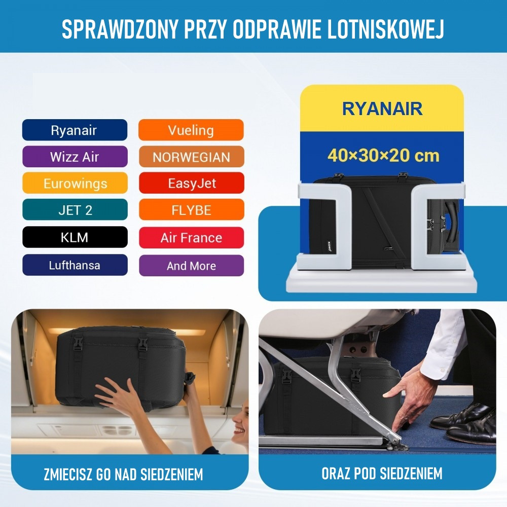 Czarny Plecak podróżny do Samolotu Ryanair WizzAir 40x30x20 Mały 20L Expander 